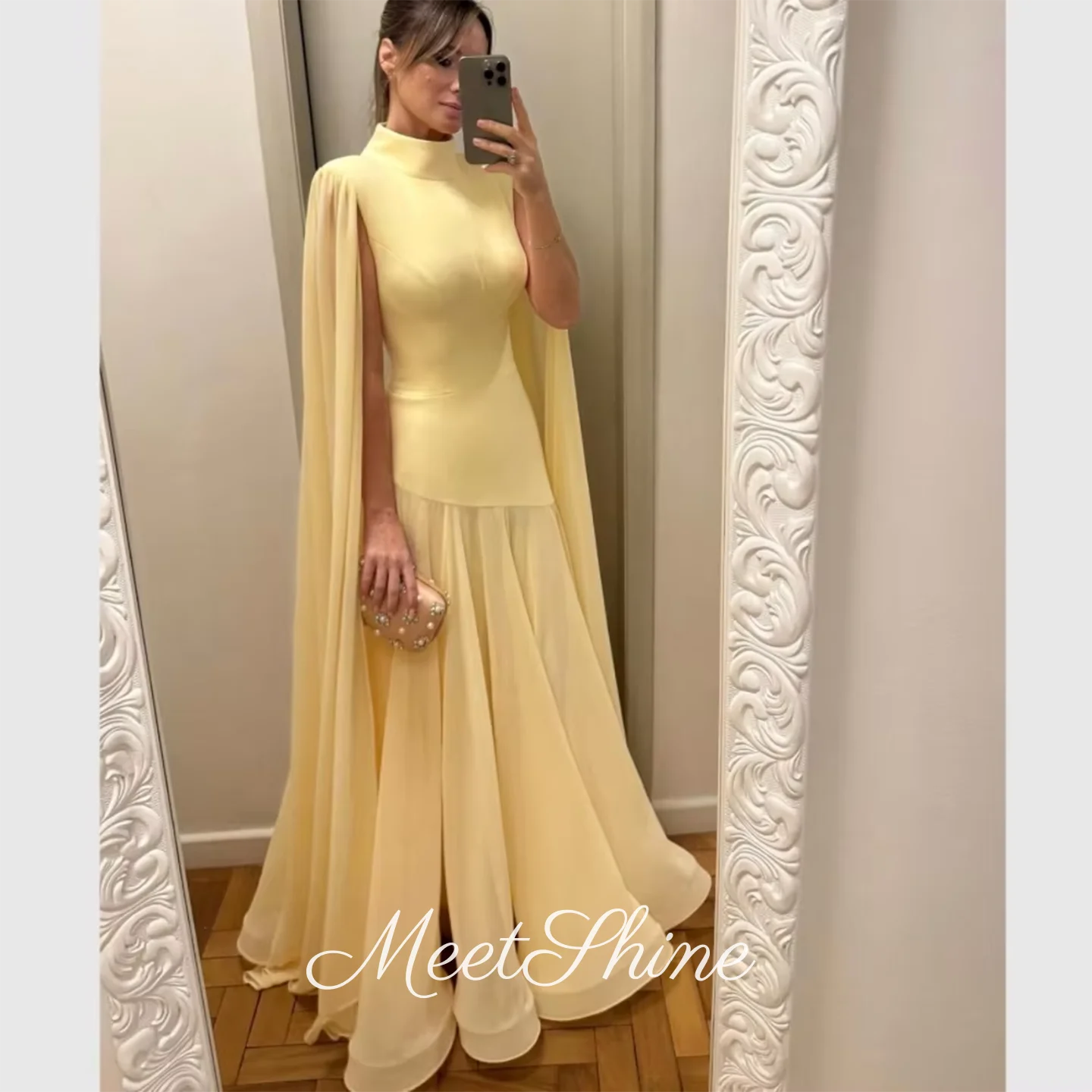 

High Neck Mermaid Evening Dress Yellow Chiffon Floor Length Prom Dress Customized Cocktail Dresses Saudi Arabia Wedding Dress