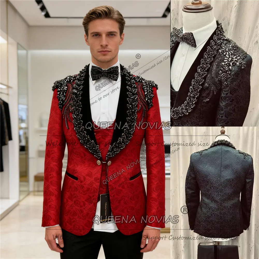 

Мужской модный костюм для свадьбы, черный смокинг с жаккардовыми аппликациями из страз, индивидуальный пошив, комплект из 3 предметов, мужской банкетный смокинг