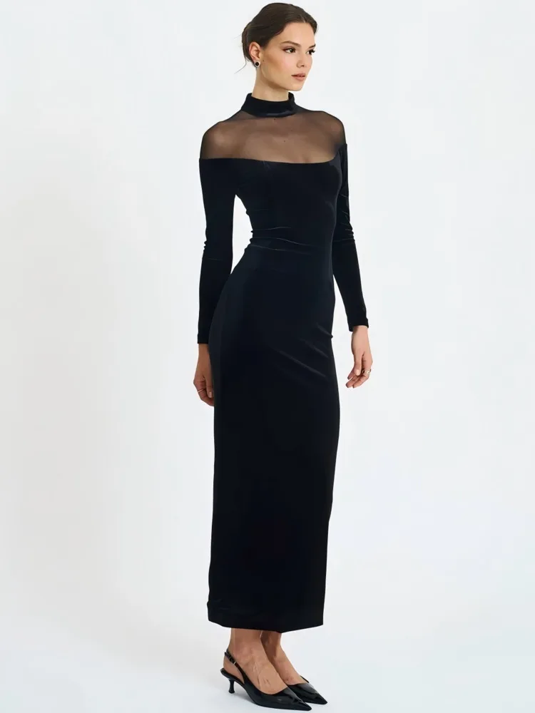 Articat elegante vestido ceñido al cuerpo de retales de terciopelo de malla para mujer Sexy transparente elástico ajustado vestido de noche para fiesta y Club Vestidos nuevos de invierno