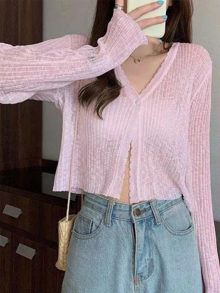 Thin Knitted Cardigans Women Summer V-Neck Long Sleeve Soft Transparent Sunscreen Outwear Female Korean Style Casual Crop Tops