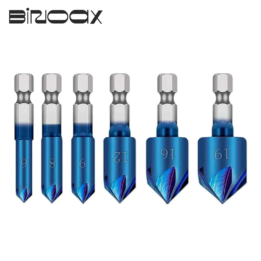 Binoax Nano Blue 5-Flute Countersink Drill Bit 6pcs 90 Degree Wood Chamfering Cutter Chamfer 1/4 Hex Shank