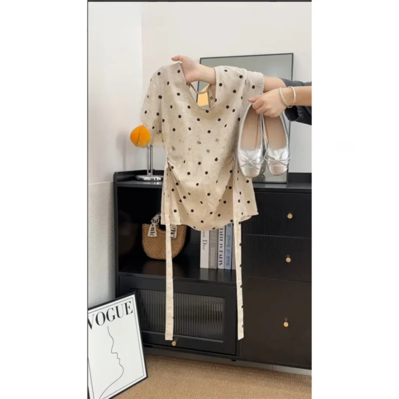 

Лето 202, новинка Sle, простой элегантный тонкий пояс, льняной топ в горошек, маленький круглый топ с талией, женский топ ...