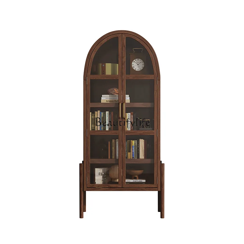 

3American black walnut retro wine cabinet living room against the wall all solid wood double door European wine cabinet