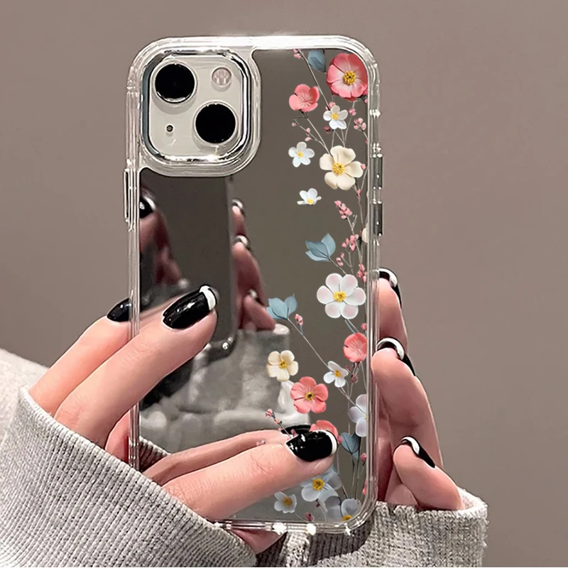 Mirror Case with Floral Tulip Cherry Pattern Phone Case for iPhone 17 16 15 14 11 12 13 Pro Max 16E Shockproof Clear Cover view 3