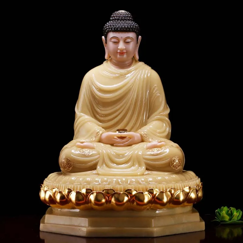 

48cm large Wholesale Buddhist HOME efficacious Talisman jade Shakyamuni Buddha gilding carving Sculpture statue decor