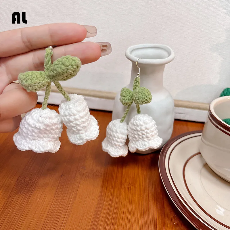 Sweet And Fresh Bell Orchid Hook Knitted Yarn Earrings Fun Bell Color Blocked Flower Earrings For Women Party Gift Accessories