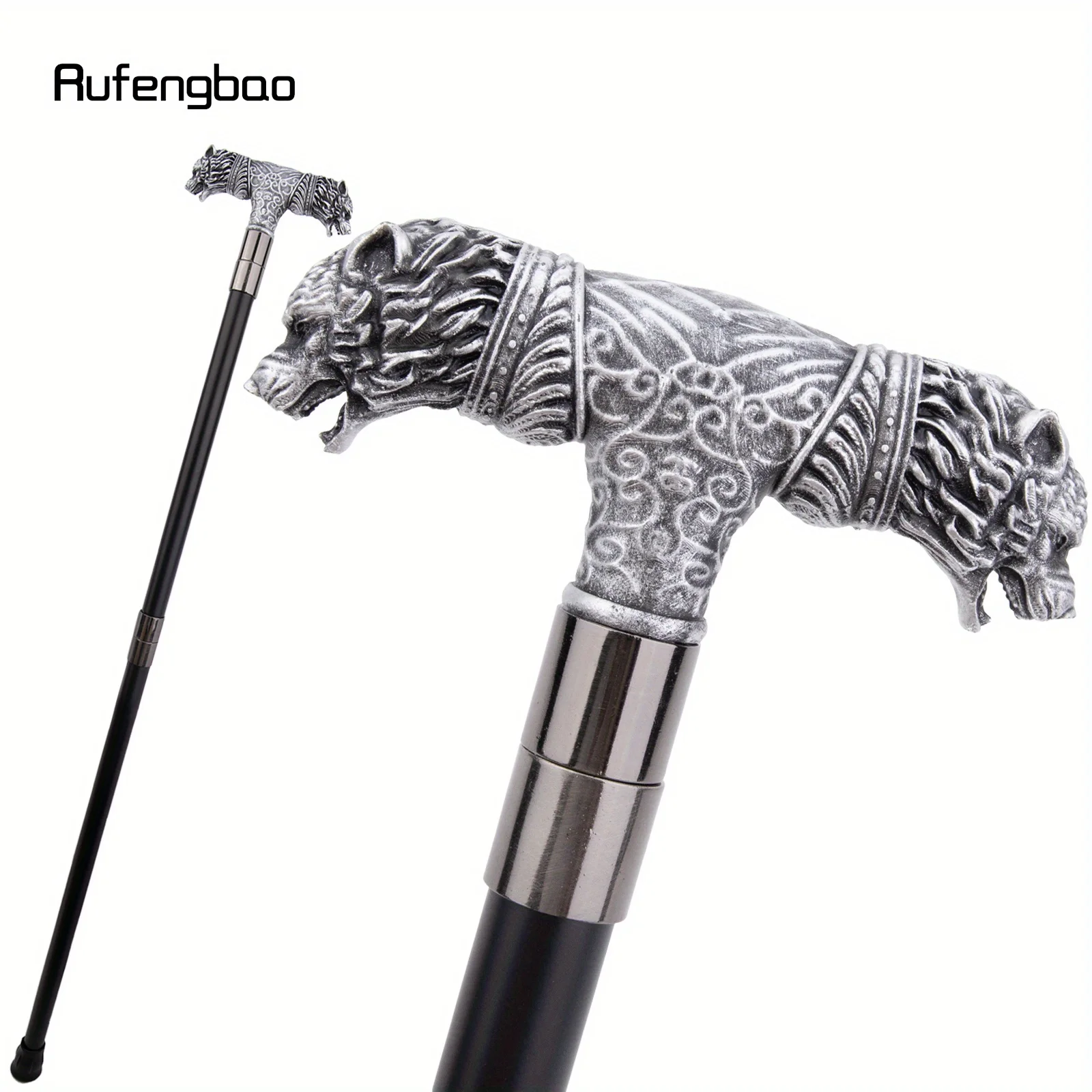 Silver Resin Wolf Double Head Walking Cane Fashion Steel Stick  Elegant Cosplay Cane Knob Crosier Performance Stage Cane 92cm