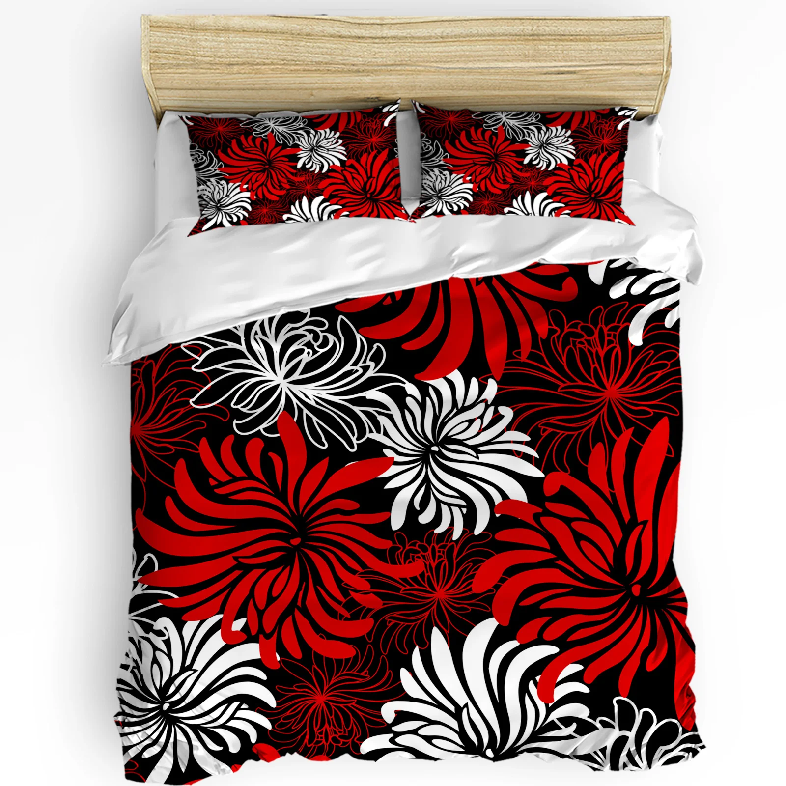 

Red Black White Flower Chrysanthemum Duvet Cover with Pillow Case Custom 3pcs Bedding Set Quilt Cover Double Bed Home Textile