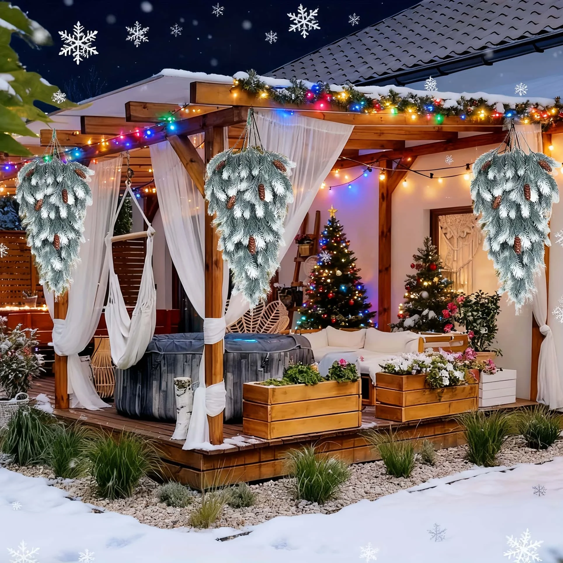 قطعتان من زينة دمعة الأرز الاصطناعية لعيد الميلاد، دمعة صنوبر نورفولك الثلجية الصناعية - عيد الميلاد - ديكور موسمي