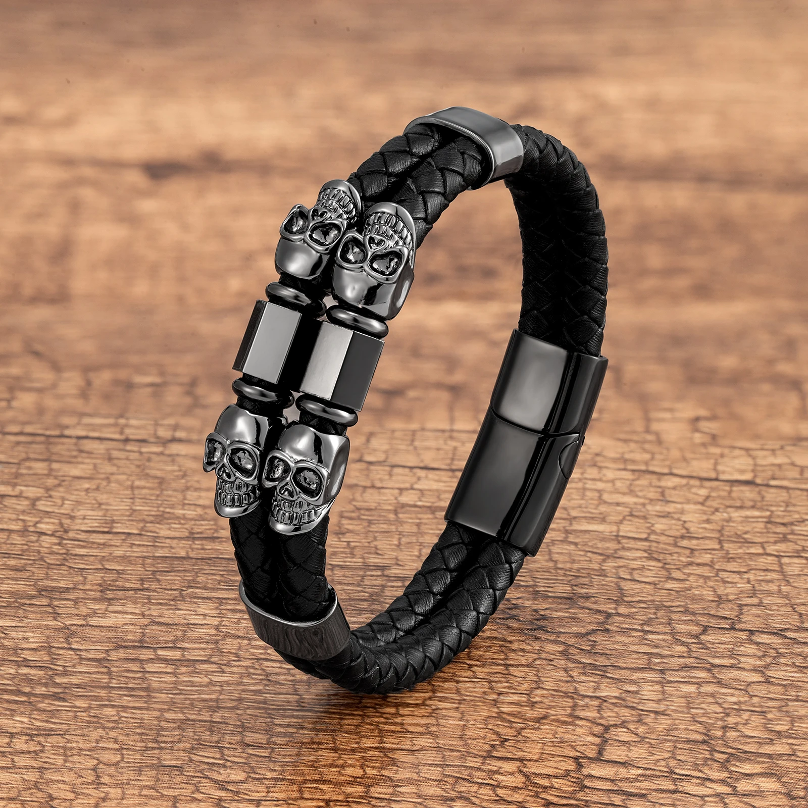 Gothic Double Layer Woven Leather Skull Bracelet New Charms Men's Hip Hop Bracelet Fashion Rock Party Jewelry Boyfriend Gift