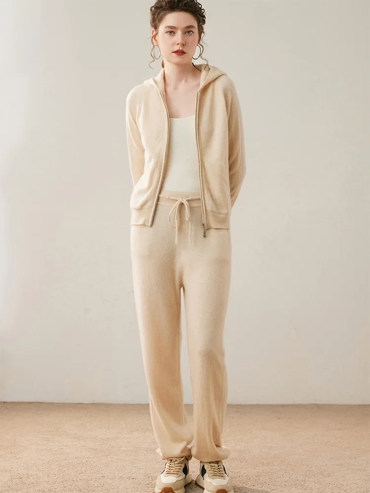 Luxury Women's Sweater Suite Autumn Winter 100% Cashmere Hooded Cardigan Sweater Straight Pants Zipper Jacket Trousers Tracksuit