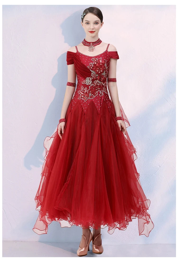 Abito da competizione standard con fionda Danza moderna Abito lungo rosso vino a maniche corte Abito da prestazione con nastro Nuovo valzer da donna