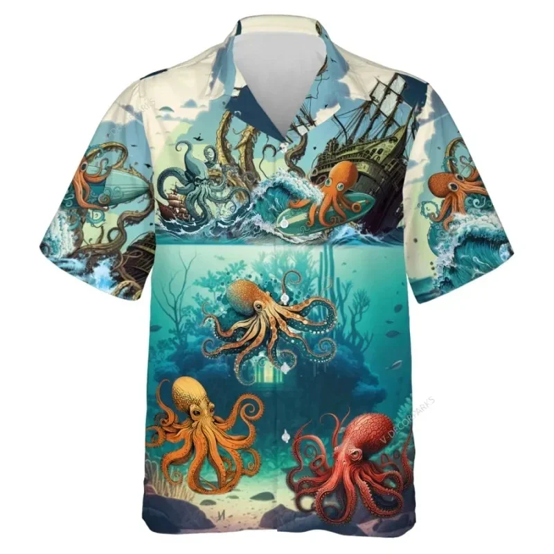 Men's Summer Hawaii Short Sleeve Oversized Shirt 3D Printed Sea Tentacles Casual Top Loose And Fashionable Shirts Ropa Hombre