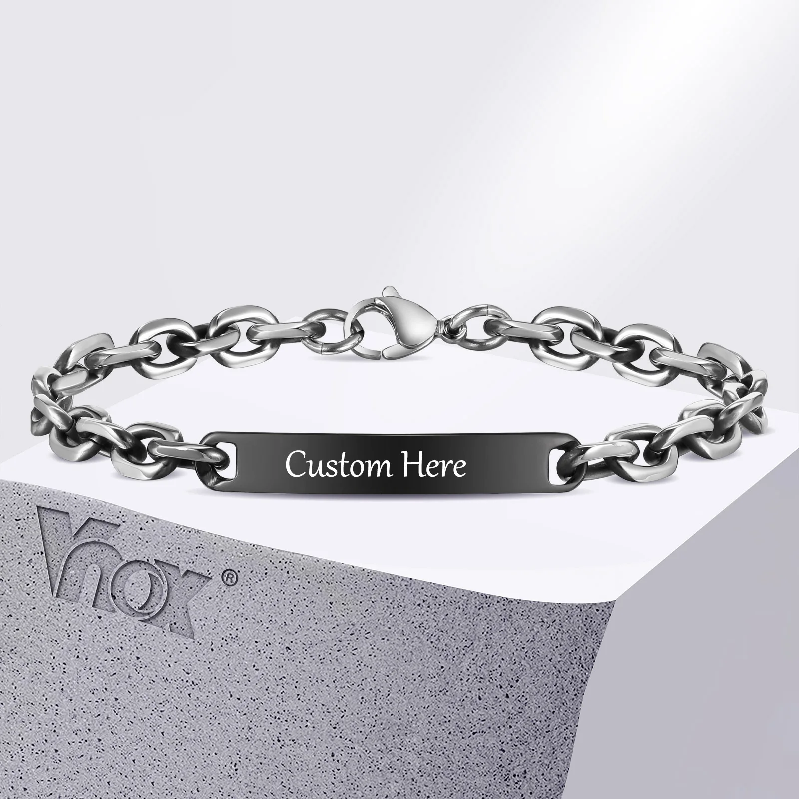 

Vnox Personalized Name Date Text Bracelets for Men, 7mm Rolo Chain Bracelet, Custom Christmas Gift for Him Husband Dad