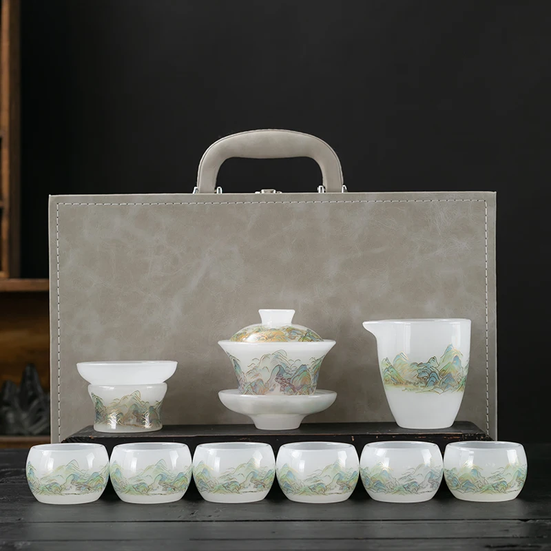 High-End White Jade Porcelain Lacquer Gongfu Tea Set Three-Axis Lid Bowl Tea Cup Thickened Anti-Scalding Ceramic Kit for 6 Pe...