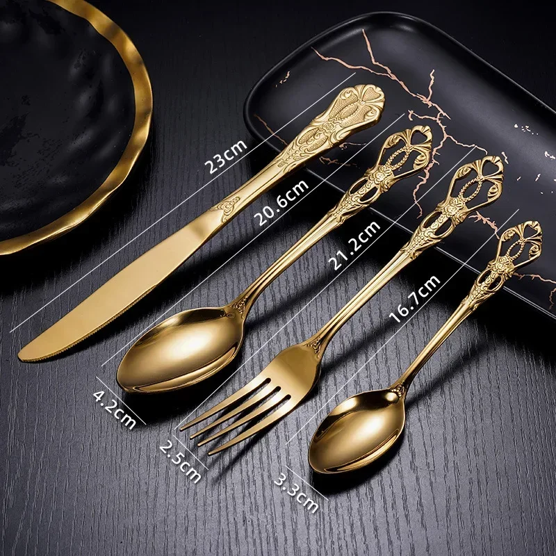 4pcs Gold Stainless Steel Cutlery Set Royal European Spoon Fork and Steak Knife Retro Hollow Design Dinnerware Luxury Tableware