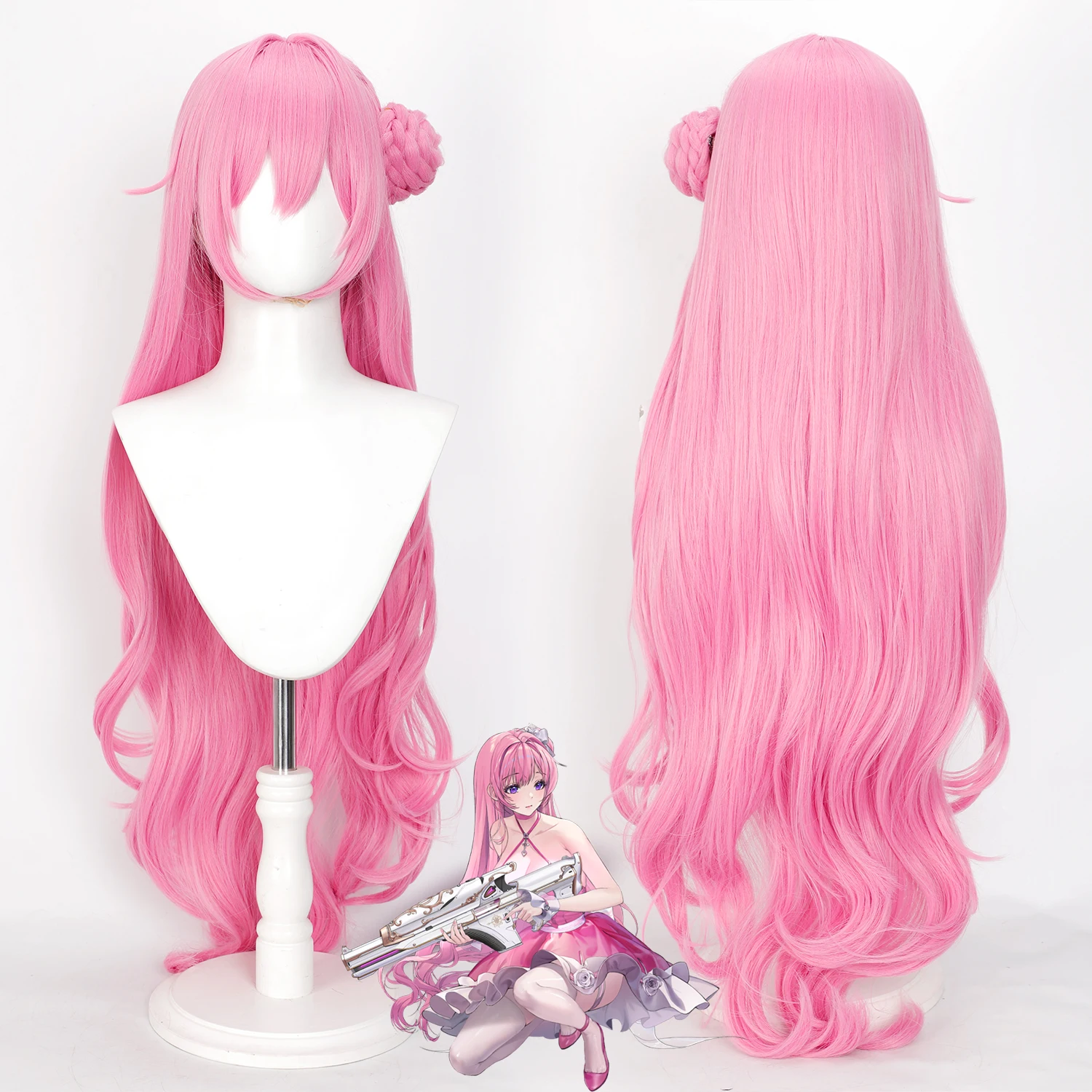 40inch Pink Long Curly Cosplay Wig with Detachable Bun Synthetic Hair for Cosplay Events