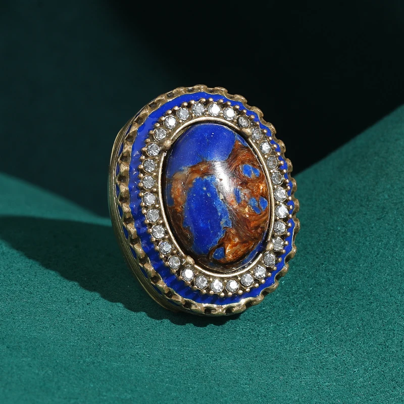 

Vintage Big Blue Glass Rings Oval Round Enamel Designer For Women Antique Gold Color Charm Luxury 2025 New Trend Engagement Gift