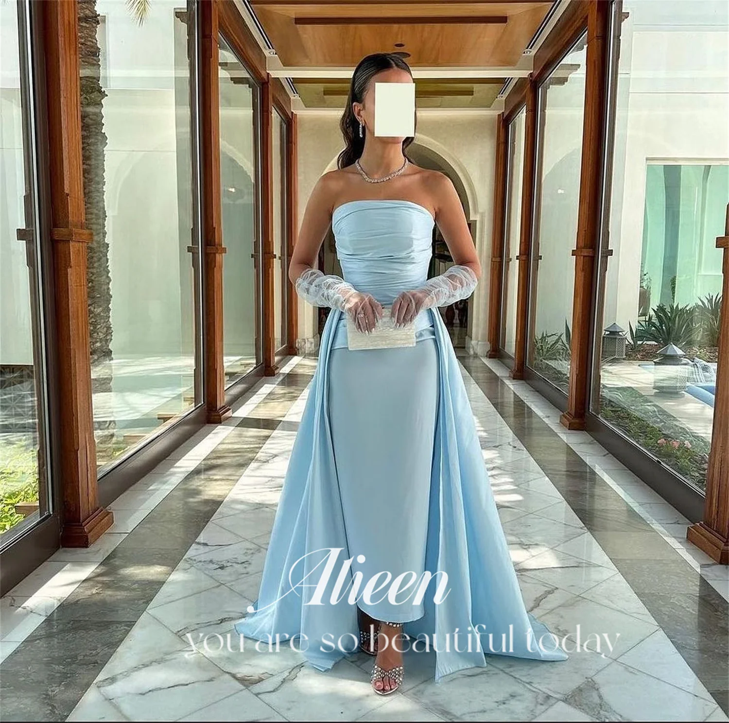 Aileen Sky Blue Tailing Satin Fish Tail Customized Evening Dresses Woman Elegant 2024 Formal Dress Party Prom Wedding Womens