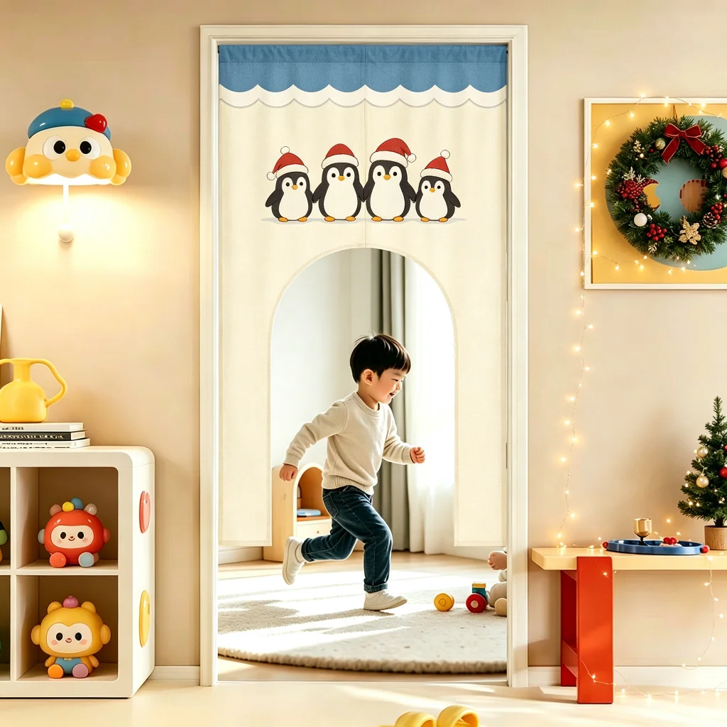 VIKAMA Penguin Family Arched Half Door Curtain Christmas Kids Room Cotton Linen Short Curtain Privacy Partition Home Decor