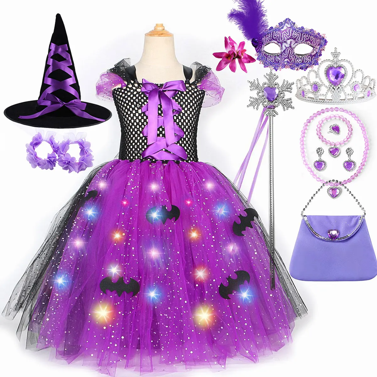 

Halloween Purple Tutu Skirt Lace Striped Plaid Vest Cake-shaped Skirt Girl Playing Purple Witch Dress With Shining Colorful LED