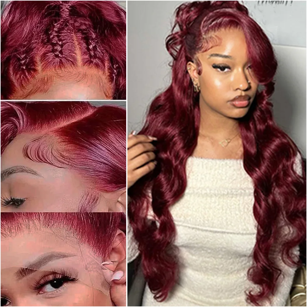 Peluca de cabello humano 100% de color rojo burdeos ondulado, peluca Frontal de encaje HD 13x6, pelucas frontales de encaje rojo 99J 13x4, pelucas de cabello humano de 36 pulgadas