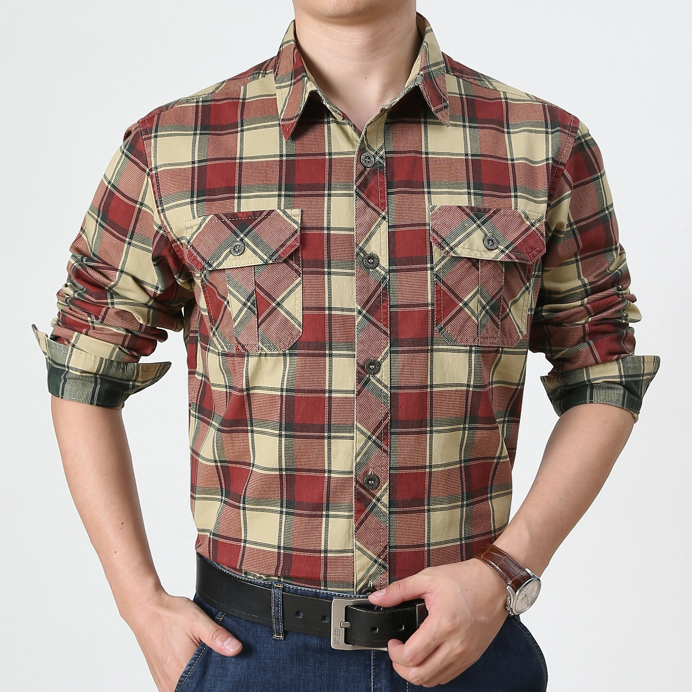 

Модная повседневная удобная дышащая рубашка из чистого хлопка в клетку с длинными рукавами в двухцветном стиле