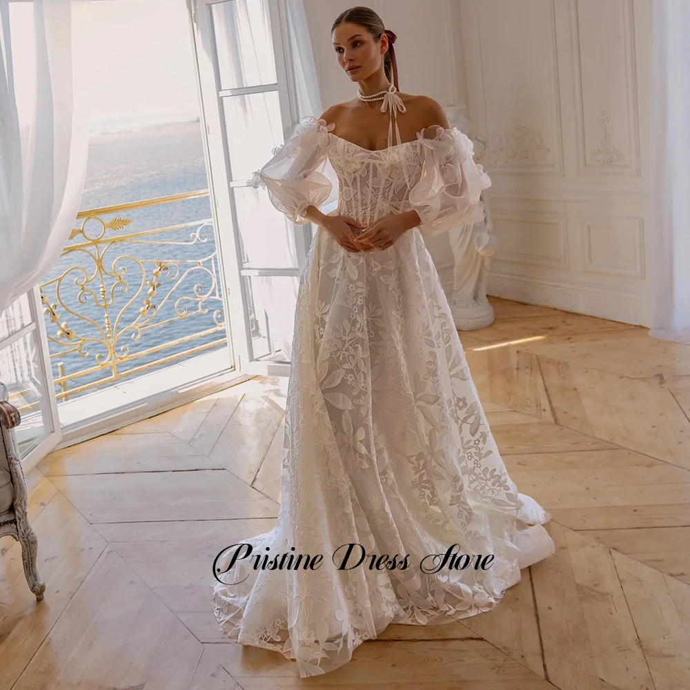 Splendido abito da sposa con spalle scoperte per la sposa Abito da sposa sexy senza spalline in tulle di pizzo con applicazioni Vestido De Novia personalizzato