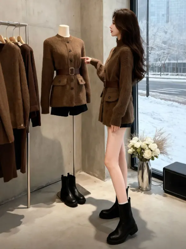 

Вязаный свитер в стиле ретро с завышенной талией, мягкий, длинный рукав, круглый вырез, однотонный, зимний, модный женский топ