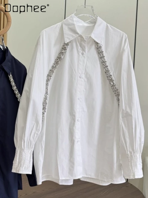 

High-end Fashion Turn-down Collar Heavy-duty Rhinestone Long-sleeve Shirt Women Loose Cotton Slimming Shirts Trend Commuting Top