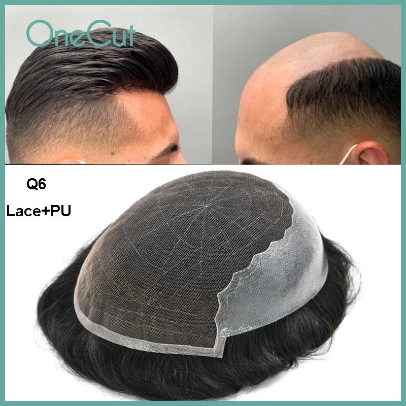 Q6 Lace&PU Base Men Toupee Breathable Replacement System 100% Natural Human Hair Wigs Men's Capillary Prosthesis Bleached Knots