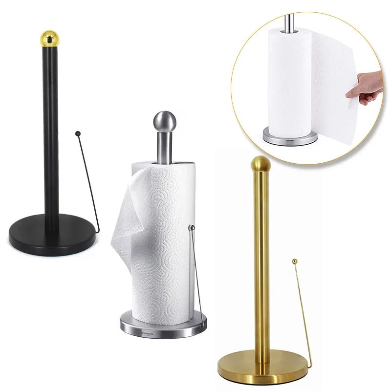

Stainless Steel Spring Loaded Paper Towel Holder - Double Rod Organizer for Kitchen and Bathroom Tissue with Tabletop Stand