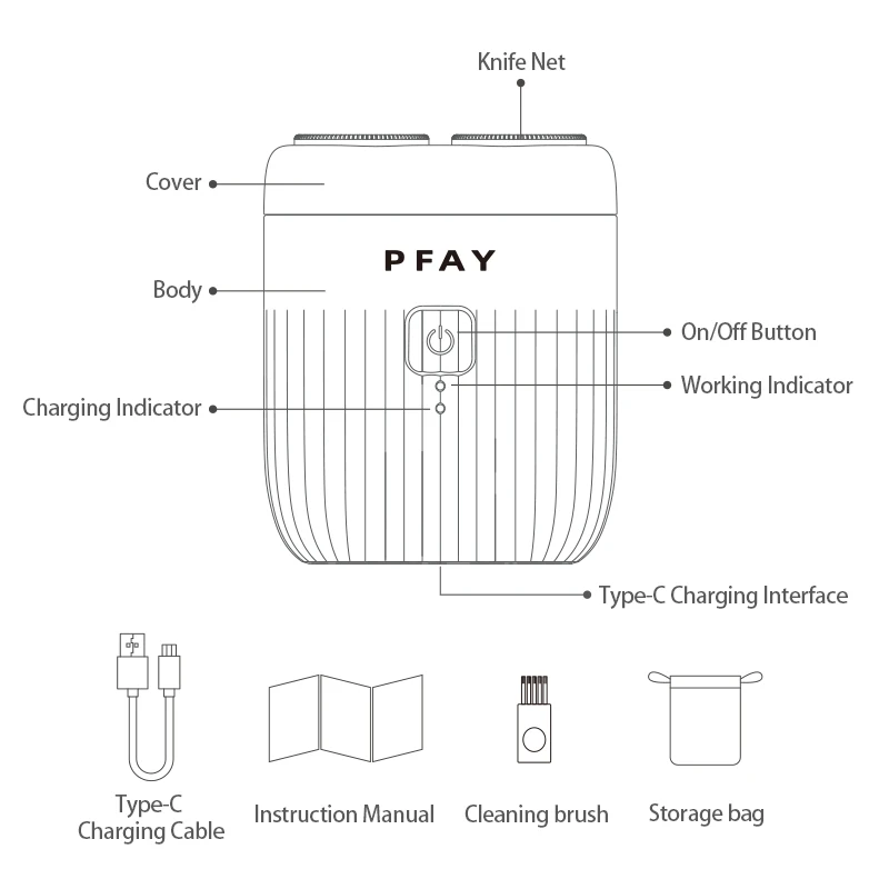 PFAY-Afeitadora eléctrica PA268 para hombre, Mini máquina de afeitar portátil, IPX7, lavable, recargable, recortadora de barba