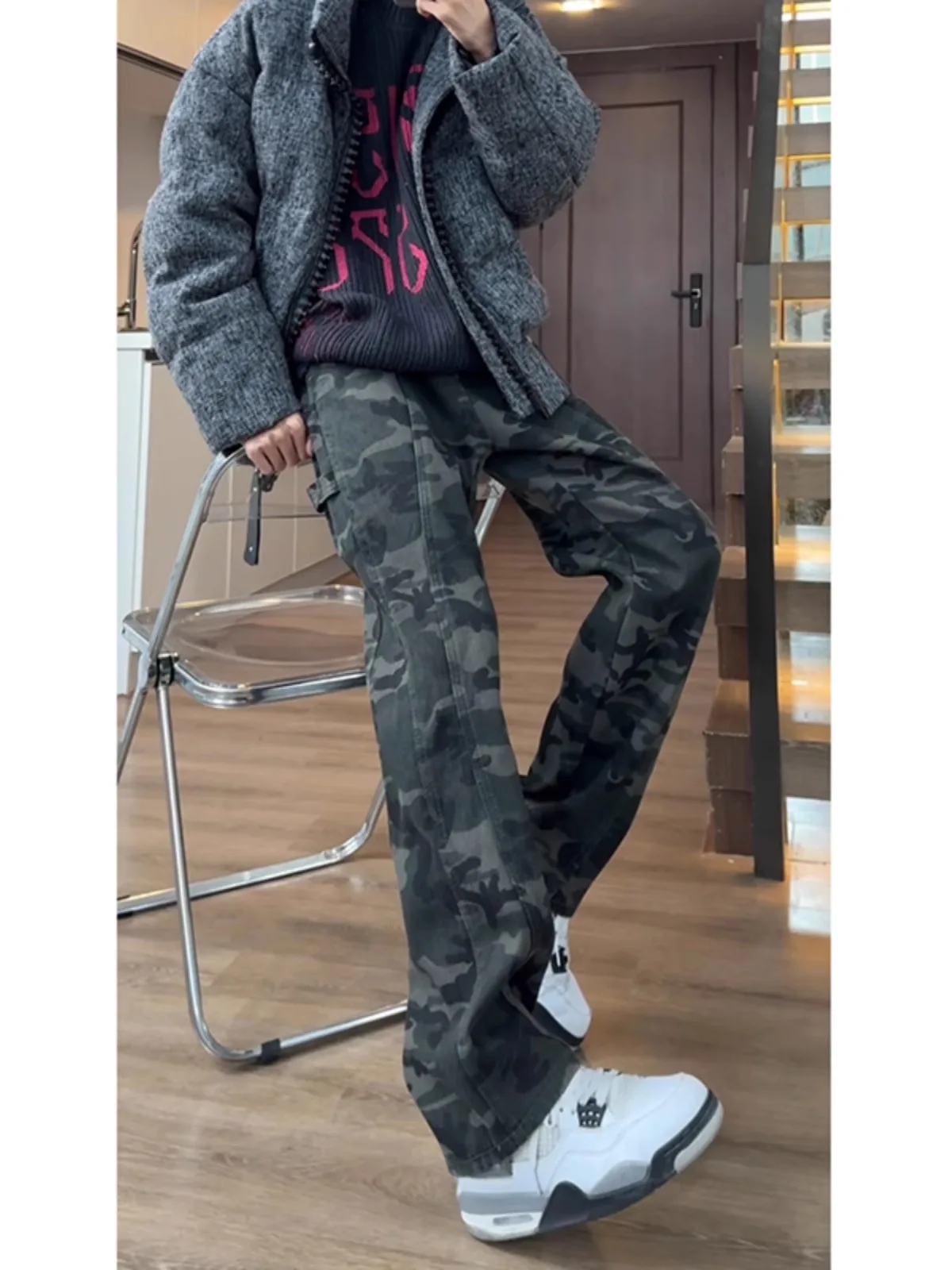 

Американские камуфляжные джинсы для рабочей одежды, мужские джинсы High Street Vibe Logging Knife, прямые расклешенные брюки с микро-расклешенными штанинами, модные винтажные