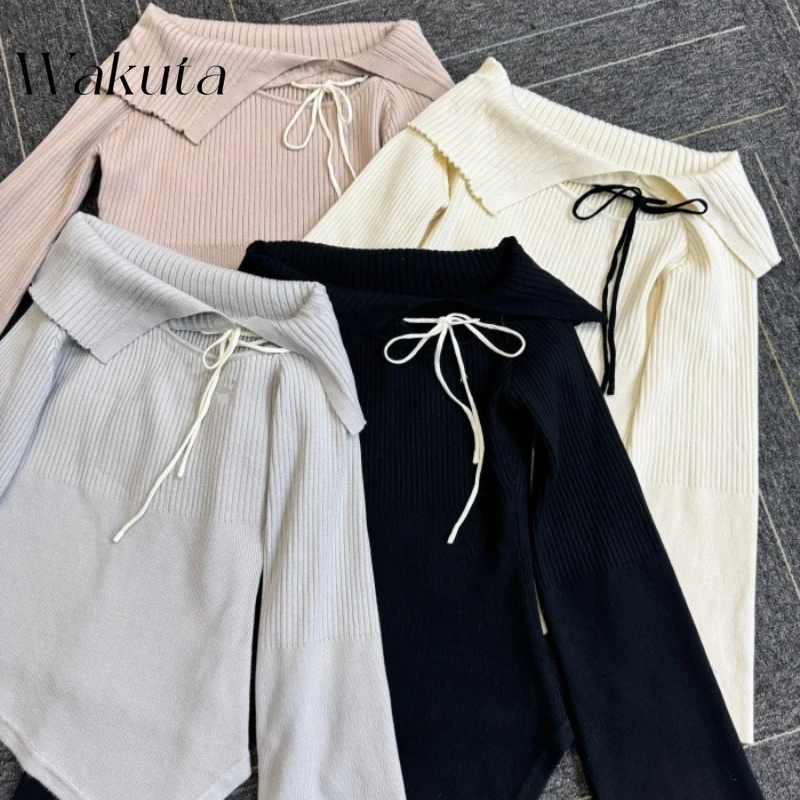 WAKUTA Japanese Spring/Summer Digging Collar Knitted Long Sleeve Sweater Y2K Pure Desire Wind Sexy Spicy Girl Strap Kawaii Tops