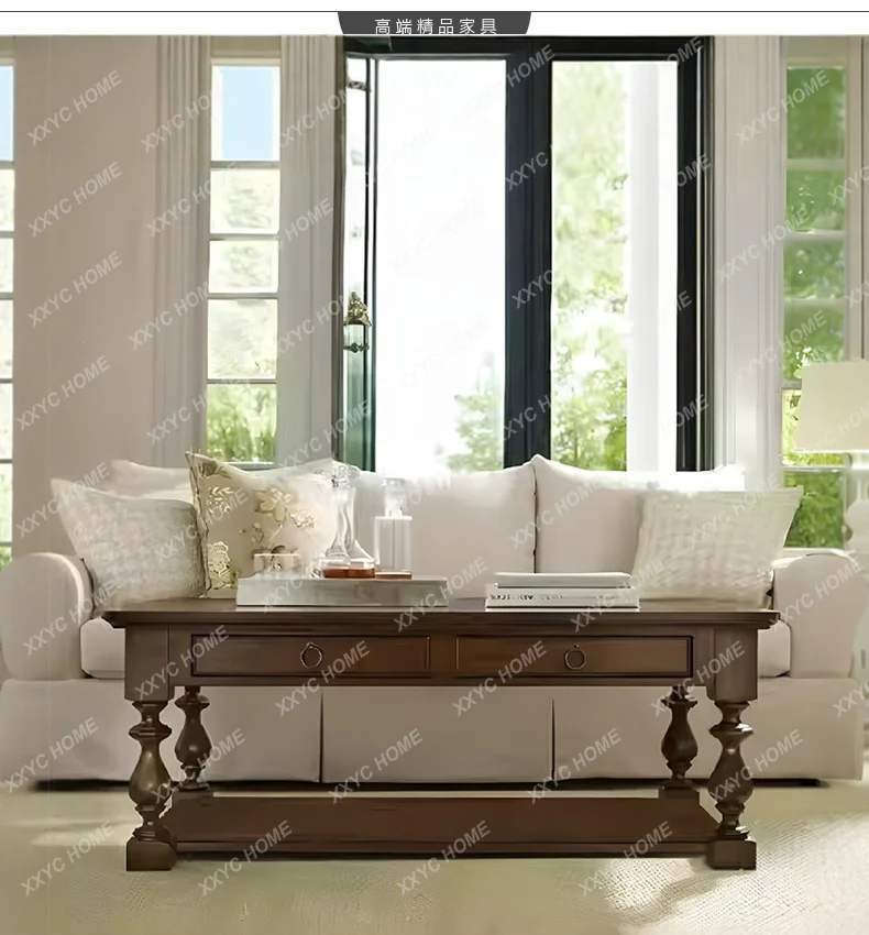 rectangular coffee table mahogany core solid wood double pumping living room tea table retro high-end coffee table