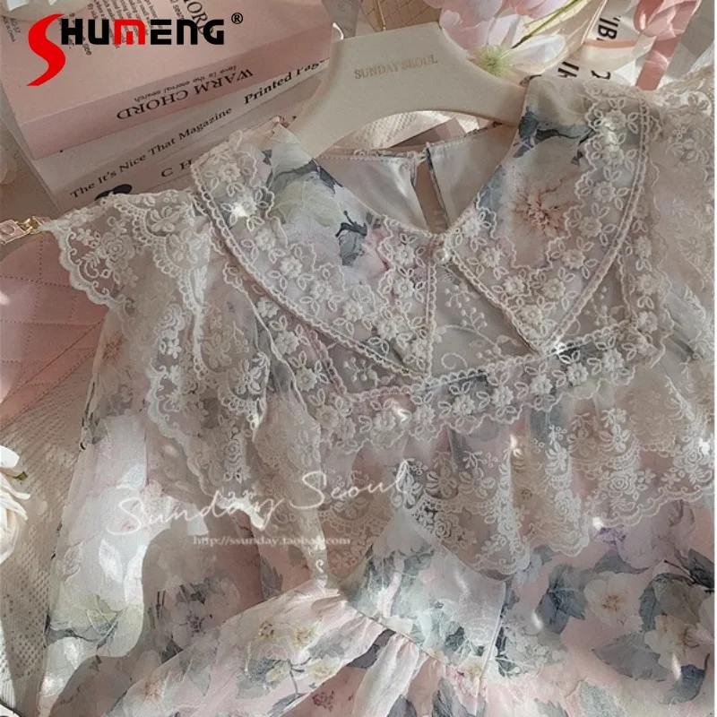 

2023 Spring Autumn New Ladies Fashion French Style Floral Vintage Blusas Women's Sweet Flower Embroidered Lace Ruffled Shirt Top