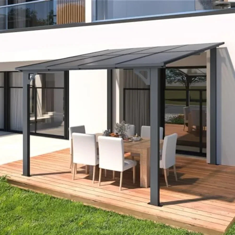 8' x 8' Patio Gazebo with Hard Top Heavy Duty Awnings for Decks Backyard and More in Brown 64 Sq.Ft Shaded Small Wall-Mounted L view 2