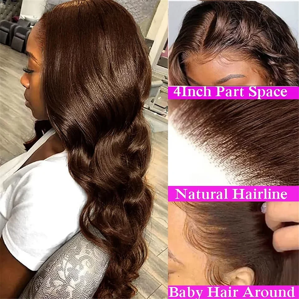 Peluca de cabello humano vietnamita virgen con frontal de encaje 13x4, color marrón chocolate transparente, Body Wave, #4 marrón, densidad 220%, frontal de encaje HD 13x6, color marrón chocolate, Body Wave 13x4 con frontal HD 5