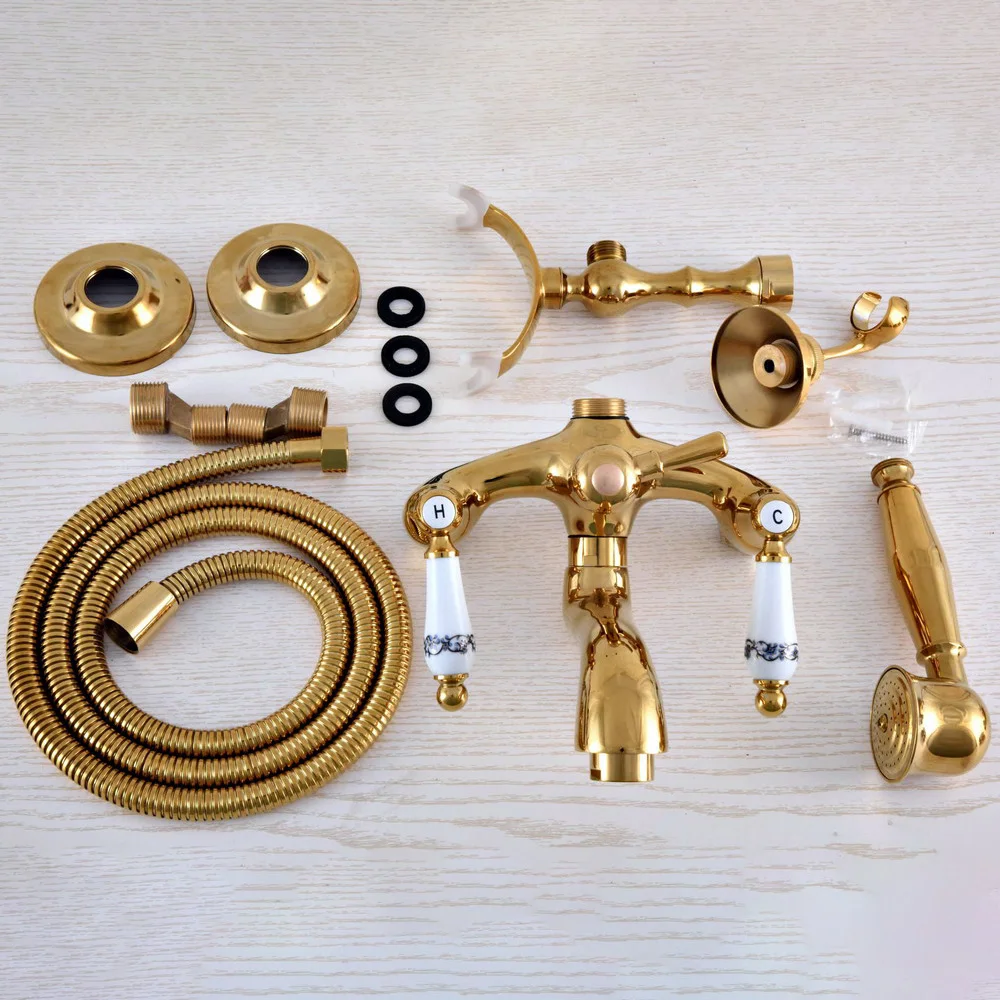 Luxury Gold Color Brass Wall Mount Bathroom Bath Tub Faucet Set WITH/ 1.5M Handheld Shower Spray Head Mixer Tap Dna963