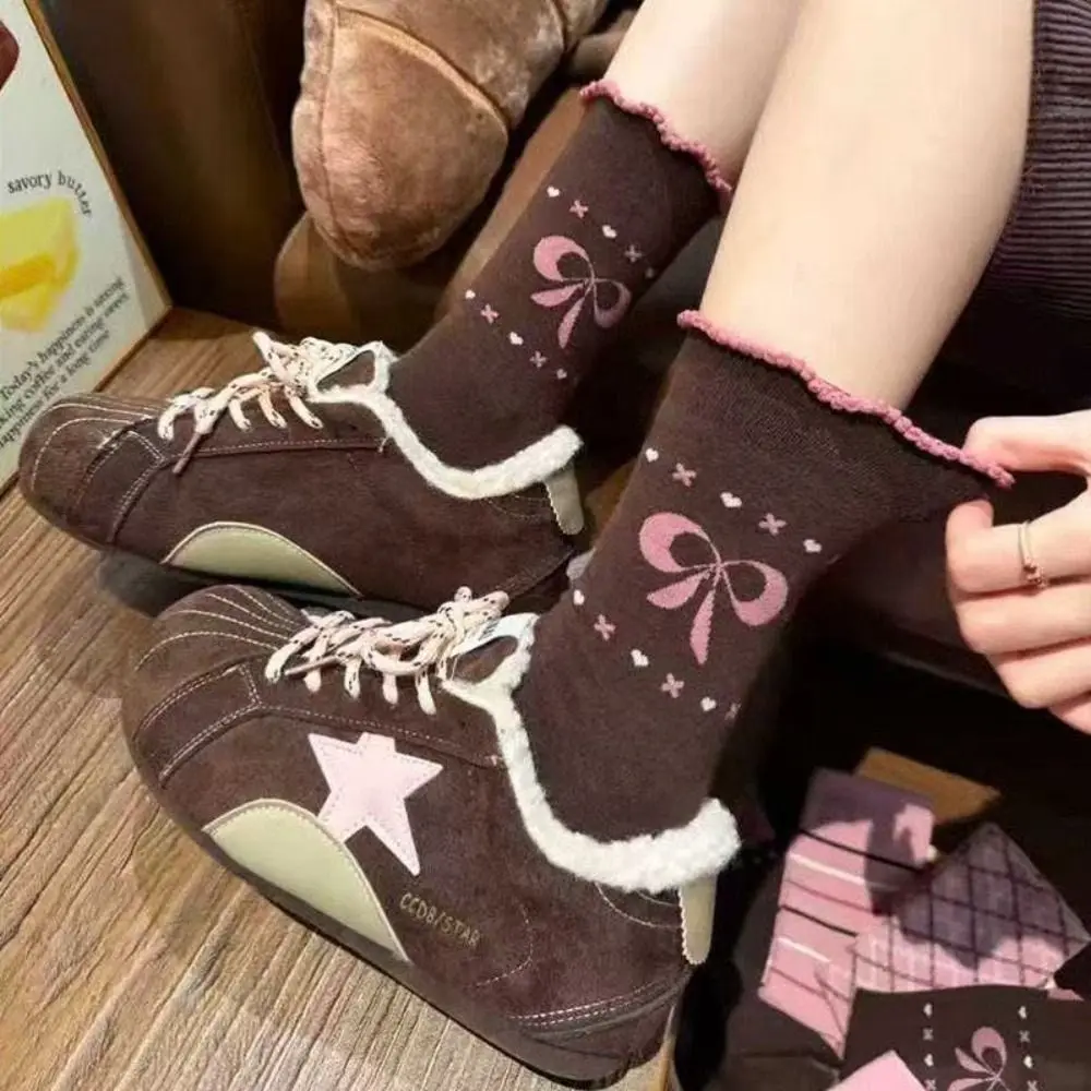 Odor-Resistan Bow Printed Mid-Calf Socks Plaid Design Stacked Style Stripe Long Socks Japanese Style Autumn Winter