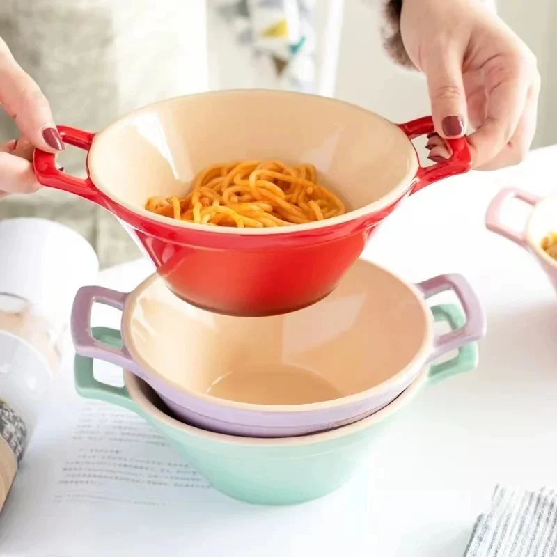 

French Style Rainbow Colored Double Ear Bowl Spaghetti Bowl Salad Instant Noodle Bowl Artistic Tableware Desktop Decoration
