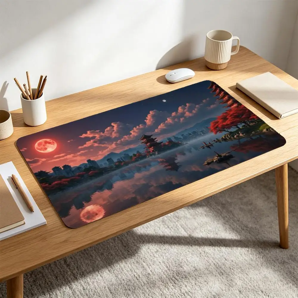 Extended Gaming Desk Mat Fantasy East Asian Temple Red Moon Water Reflection Non-Slip Waterproof Mousepad for Desktop Computer