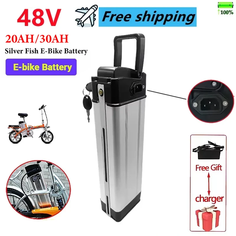 

2025 100% New 48V 20ah/30ah Silver Fish Style Electric Bike Battery 48V Lithium Battery with Aluminum Case Anti-theft Lock