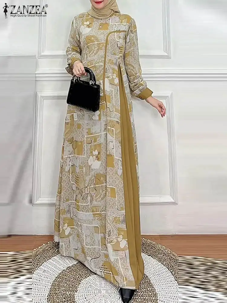 

Vintage Summer Muslim Dress Women Casual Long Sleeve Patchwork Sundress ZANZEA Islamic Clothing Marocain Eid Mubarek Vestido