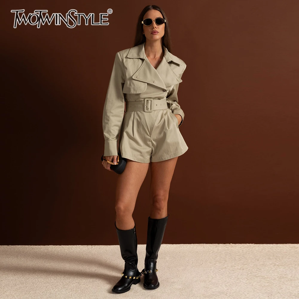

TWOTWINSTYLE, однотонный модный комбинезон с поясом для женщин, Тренч с длинными рукавами и лацканами, на пуговицах, женская одежда, новинка
