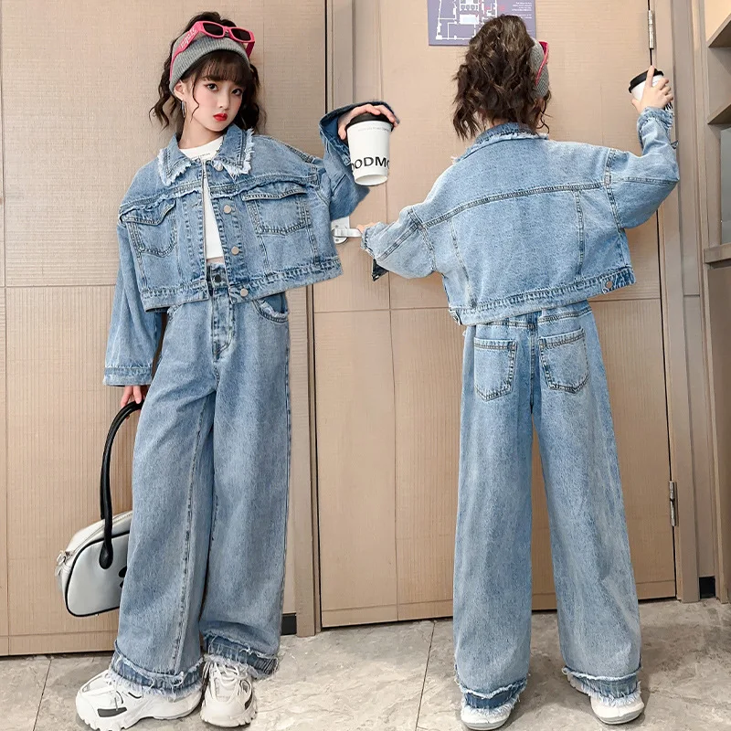 Spring Autumn Girls Clothing Set Jacket & Pants Outfits for Teen 6 8 12 Year Kids Clothes School Children\'s Raw Edge Denim Suits