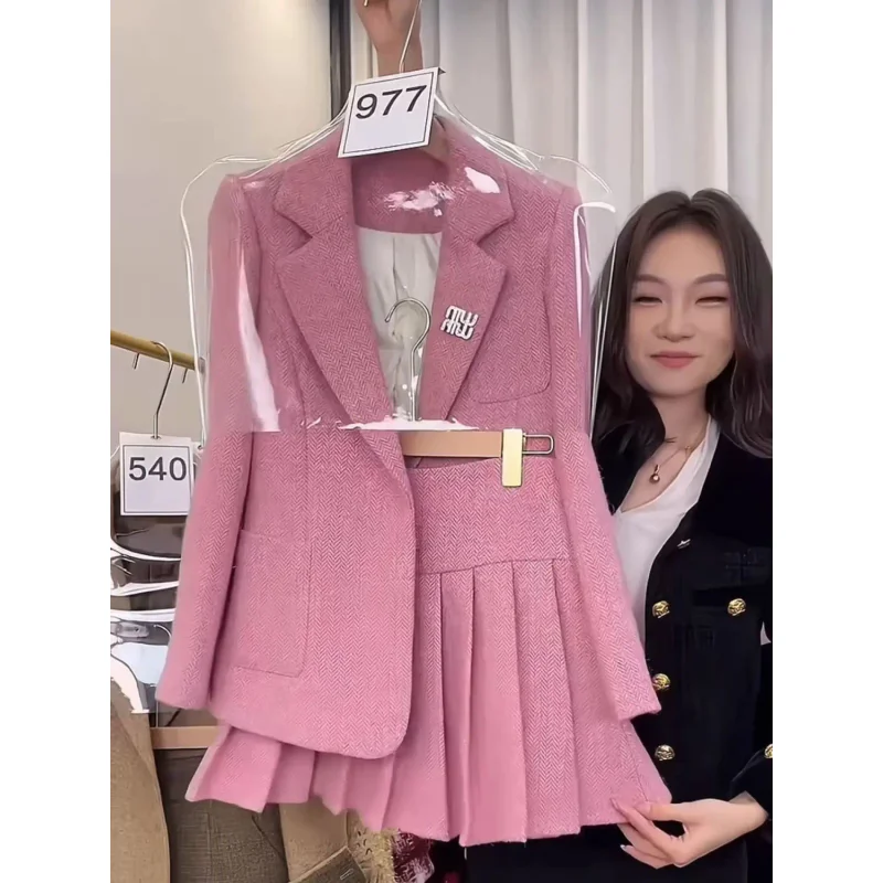 الخريف نمط جديد عطر صغير الرجعية مزاجه الموضة قطعتين مجموعة تقسم الراقية دعوى أعلى + تنورة مطوي مجموعة