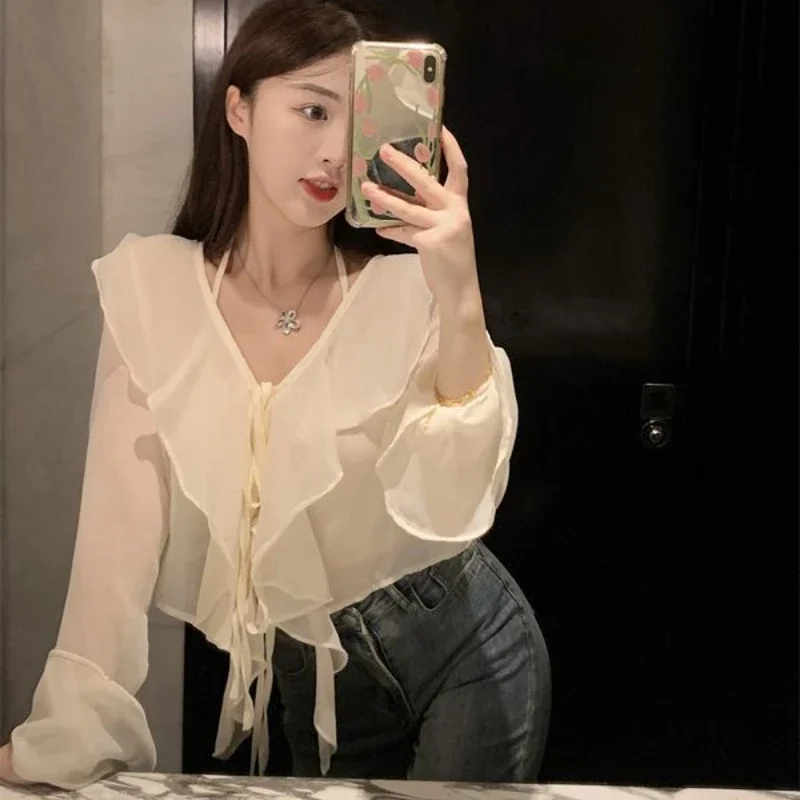 Blouses Women Elegant Lady Soft Ruffles Fairycore Chic Halter Aesthetic Lace-up French Style Gentle Popular Flare Sleeve Vintage