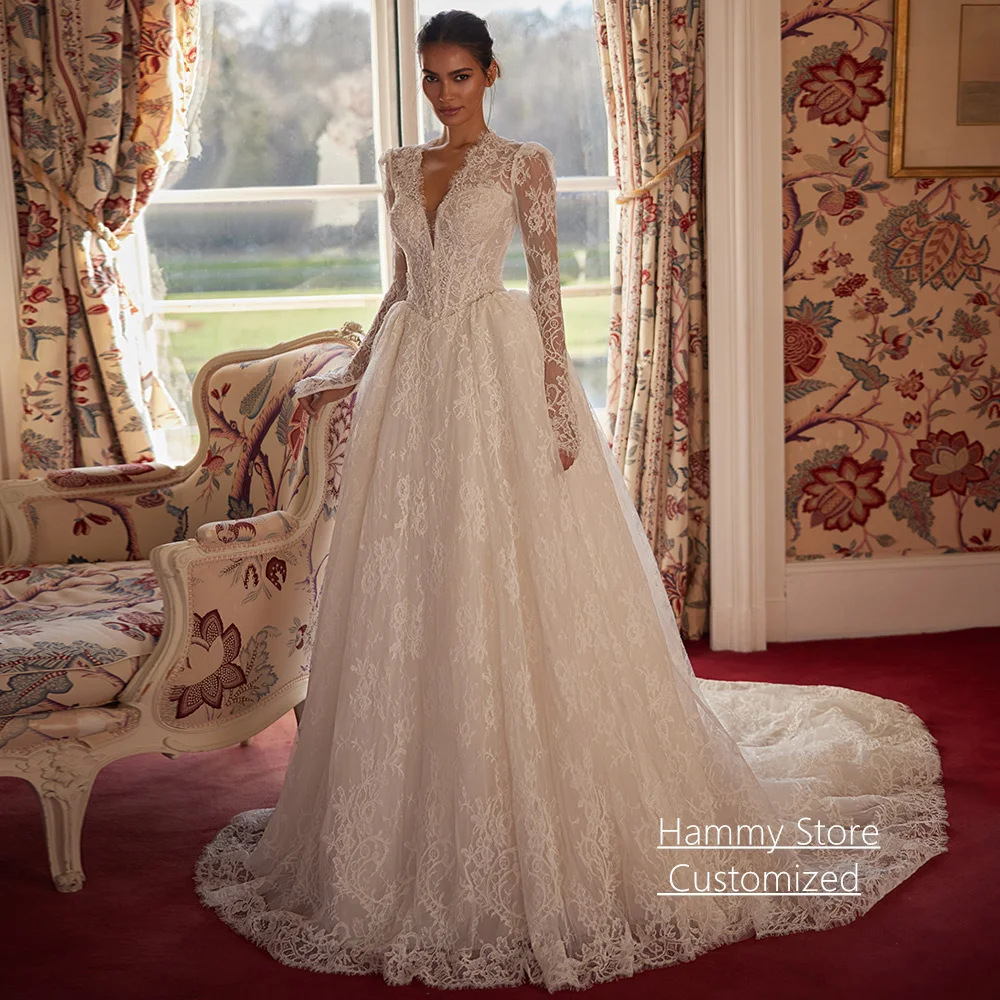 

Customized Lace Wedding Dress Robe De Mariee Exquisite V Neck Long Sleeves Pearls Sweep Train Zipper up Corset Bridal Gown
